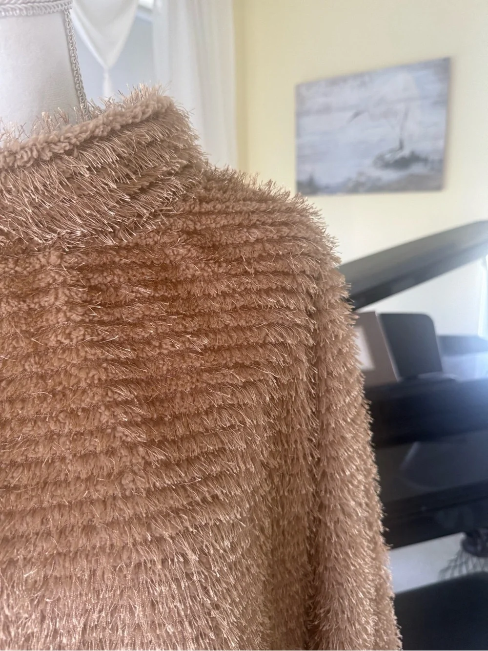 Vince Camuto tan brown textured eyelash knit, fluffy cowl neck tunic sweater